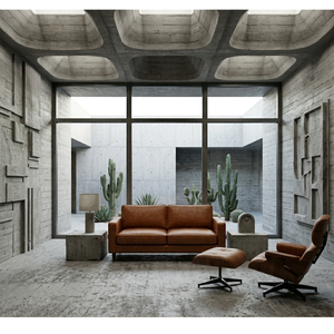Sofá de dos plazas moderno de cuero que suaviza las líneas audaces de un salón brutalista, añadiendo calidez y confort a la arquitectura cruda. - Product Image 1