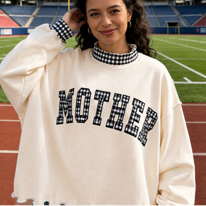 Sweat-shirt personnalisé OEM à col montant en polaire, avec broderie patchwork à carreaux, applique chenille gingham et lettres, pour la famille - Product Image 2