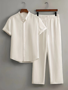 Summer Hawaii Men's Solid Bamboo Fiber Short Sleeve Shirt and Pants <b>Set</b> Breathable Casual Summer Wear Digital Printed - Product Image 3