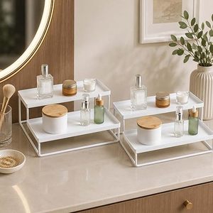 Minimalist Double Tier <b>Metal</b> Storage Rack Rectangular Standing Type for Bathroom Sundries Stackable Design <b>White</b> Finish - Product Image 3