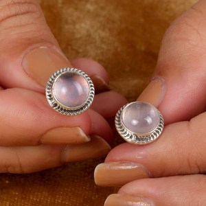 Transparent 10mm minuscule goujon minimaliste fait à la main solide 925 boucle d'oreille en argent Sterling pour les femmes véritable Quartz Rose Cabochon paix - Product Image 6