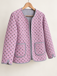 Chaqueta Reversible para Mujer, 100% Algodón, Acolchada, con Estampado Floral, Cuello Redondo, Abertura Frontal, Bolsillos de Parche - Product Image 5