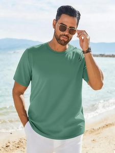 เสื้อยืดคอกลมแขนสั้นสีเขียวล้วนสำหรับผู้ชาย ทรงปกติ สวมใส่สบาย ผลิตจากผ้าฝ้ายถักเนื้อเจอร์ซีย์ ระบายอากาศได้ดี - Product Image 2