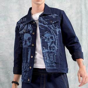 Men's Dark Blue Denim <b>Jacket</b> Skull Print Turn-down Collar Regular Fit Cotton <b>Punk</b> Style Autumn Wear - Product Image 1