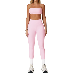 Conjunto de Yoga Rosa de 2 Piezas, Top Corto sin Tirantes, Cintura Alta, Ropa Deportiva sin Costuras de Longitud Completa - Product Image 1