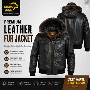 เสื้อแจ็คเก็ตหนังแกะสำหรับผู้ชาย CHAMP KING พร้อมซับในขนสัตว์เทียมและขนสัตว์แท้ที่คอเสื้อและฮู้ด - Product Image 1