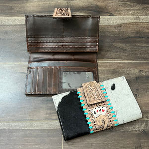 Hot Sale Hand Tooled Hair-On Genuine Leather Turquoise <b>Wallet</b> Western Multifunctional Cow Leather <b>Card</b> <b>Holder</b> Aces Bifold <b>Wallet</b> - Product Image 6