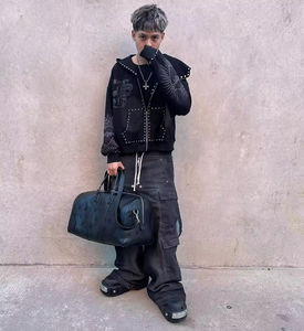 “Men’s Boxy Baggy Cropped Hoodie & Zip-Up <b>Jacket</b> – Acid Wash, Embroidery, <b>Rhinestone</b>, Sun-Faded Diamond Design - Product Image 5