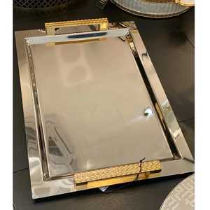 Elegant Oval Stainless Steel Serving Tray with Gold Ring Handles Two Tone Luxury Metallic Food Platter Modern <b>Coffee</b> Tea Server - Product Image 3