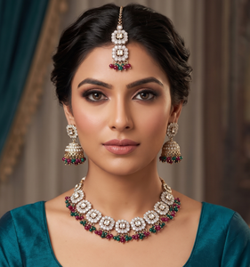 Geometric Square Shape Motif Crystal Beaded Fringe Necklace <b>Set</b> Wth Jhumka & Tika Festive Wear Antique Gold Plated <b>Jewellery</b> <b>Set</b> - Product Image 5