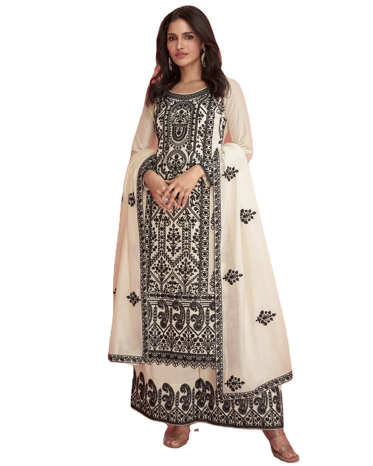 Hindistan'dan uygun fiyata mevcut bayan için Dupatta ile zarif dikişli işlemeli prim ipek şalvar elbise