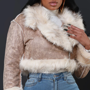 <b>Women's</b> Faux <b>Suede</b> Bomber <b>Jacket</b> With Fur Trim Collar And Cuffs Winter Thick Windproof Short Coat For <b>Women</b> - Product Image 1