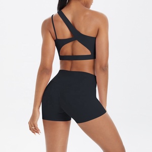 Seamless black yoga set Crisscross straps high waist shorts Breathable activewear women Scoop neck yoga outfit - Product Image 5