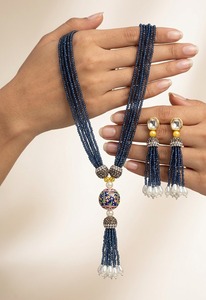 Luxury Royal <b>Blue</b> Brass Multi Layer Beaded Bohemian <b>Necklace</b> Set Tassel Pendant Matching Earrings Gold Plated Traditional Bridal - Product Image 2