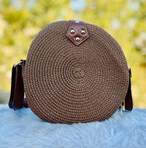 Round Rattan Messenger Bag Woven Straw Handbag <b>Leather</b> Strap Summer Beach Crossbody Purse for Women - Product Image 1