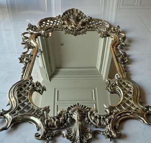Large Rococo Bronze Wall <b>Mirror</b>, Ornate Gilt Frame, <b>Shell</b> Crest, Pierced Lattice Corners - Product Image 3