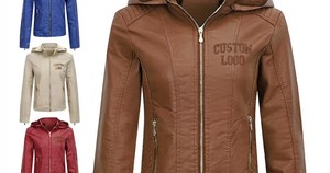 Custom Logo Women PU Leather Hooded Motorcycle <b>Jacket</b> Windproof Full Sleeve Zipper Front Embossed Solid Color Autumn Wear - Product Image 5