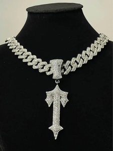 Iced Out Cross Sword Pendant Necklace Cuban Link Chain Moissanite Inlay <b>Silver</b> Color Hip Hop Jewelry - Product Image 2