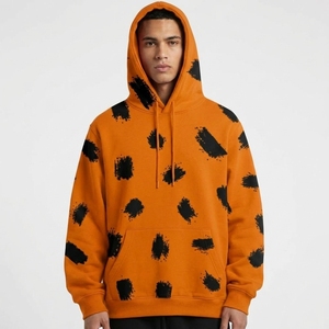 Sudadera con Capucha de Forro Polar para Hombre, Personalizada con Logotipo OEM, de Algodón Grueso, Oversize, con Estampado Gráfico de Apliques Naranja, Estilo Urbano, con Bolsillo - Product Image 2