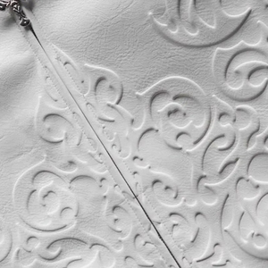 <b>White</b> PU Bomber <b>Jacket</b> <b>Men</b> Casual Embossed Floral Design Turn-down Collar Zipper Closure Regular Fit Autumn Wear - Product Image 5
