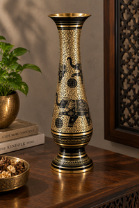 Handcrafted Black Brass <b>Decorative</b> <b>Vase</b> Elegant Gold Engraved Metal Urn Table Centerpiece Home Decor - Product Image 3