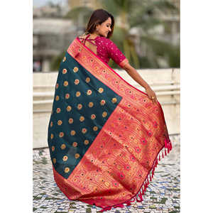 Sari en soie douce avec motif tissé Meenakari Zari Butta Tournesol, Robe de soirée en denim au style unique - Product Image 3