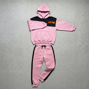 2026 Top Trending Men <b>Pink</b> Color Blocking Hooded <b>Tracksuit</b> Set With Drawstring Pants And Front Logo Print Casual Autumn Wear - Product Image 1