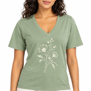 Camiseta con cuello en V para mujer, camiseta informal de manga corta con estampado floral rosa - Product Image 4