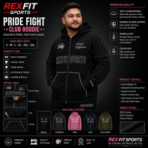 REXFITSPORTS 2026 Sweat-shirt à capuche zippé personnalisé noir avec strass, unisexe, en coton et polyester, style streetwear, avec impression - Product Image 1