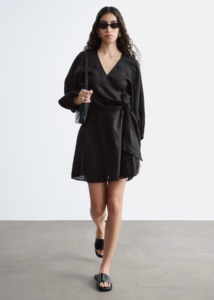 Robe courte en lin noir pour femme, col mandarin, manches longues, nouée sur le côté, décontractée, toutes saisons, éco-responsable, silhouette évasée - Product Image 3