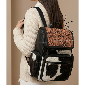 Vintage <b>Large</b> Travel Diaper Bag Tooled <b>Leather</b> Pony Hair On Hide Jumbo <b>Backpack</b> Rustic Western Cowhide <b>Backpack</b> For Mother's - Product Image 2