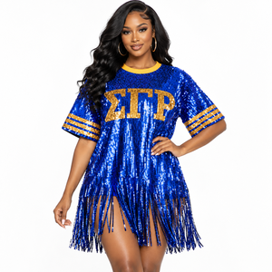 Gold Blue Personalized Sigma Gamma Rho Sgrho Tassel <b>Sequin</b> Jersey Sequined Dress Costume Loose <b>Bandeau</b> Fringed Crew Neck <b>Top</b> Tee - Product Image 1