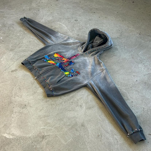 Biểu Tượng Tùy Chỉnh Đau Khổ Vá Thêu Số Lượng Lớn 100% Cotton Puff In Ấn Zip-up Hoodie Thời Trang Phố Cho Nam Giới - Product Image 6