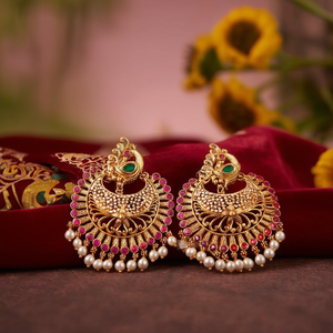 Vintage Peacock Style Chandbali Drop Earrings with Jade Pearl and Diamond - Product Image 3