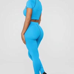Ensemble sportif 2 pièces pour femme, couleur unie, débardeur court sans manches et legging taille haute, bleu, respirant, en tricot côtelé, Spandex, Polyester, coupe ajustée - Product Image 6