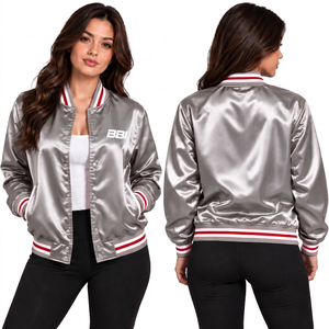 Veste en satin pour femme, bleu roi et rouge, à biais rouge, avec boutons-pression écarlates, deux tons, style veste de sport, manteau soyeux, direct usine, OEM, vente en gros - Product Image 6