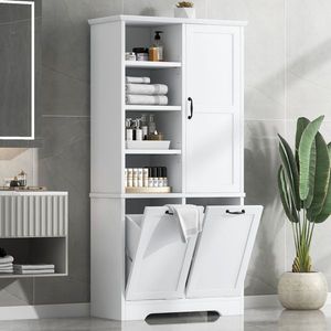 Mobiletto da Bagno Autoportante con Ante e Cassetti, Cesto Portabiancheria Ribaltabile Salvaspazio, Ripiani Aperti Multipli per Stoccaggio - Product Image 1