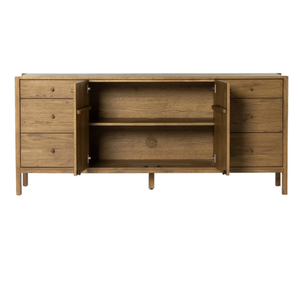 Aparador Moderno Minimalista de Madera de Teca Sólida con Acabado Natural, Mueble de Almacenamiento con Cajones y Puerta Doble - Product Image 3