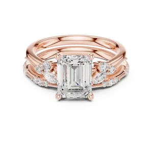 Conjunto nupcial Milgrain: Anillo de compromiso de diamante cultivado en laboratorio de 2 quilates con corte esmeralda, oro macizo de 18K, certificado IGI VVS E-F, con banda a juego. - Product Image 3