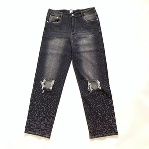 Vaqueros de mezclilla personalizados con pedrería para mujer, de pierna ancha, desgastados, con brillo de cristal, estilo urbano, de cintura alta, de diseñador, OEM - Product Image 3