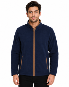 Premium <b>Men's</b> Solid Navy Blue Polar Fleece Full Zip Stand Collar Jacket Brown Contrast Trim Winter <b>Thermal</b> Soft Warm Casual Wear - Product Image 1