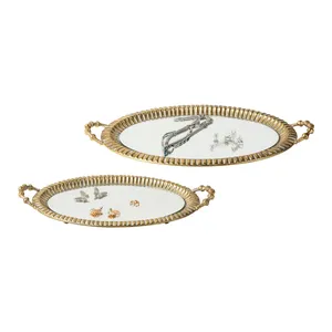 Plateau décoratif ovale en métal doré avec insert miroir et poignées, style glamour, fait main - Product Image 2