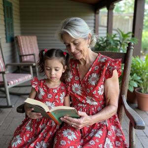 ชุดคลุมแขนกระพือสีแดงสำหรับเด็กสาวชุดเดรสผ้าฝ้ายทำจากช่างฝีมือสำหรับสวมใส่สบาย - Product Image 3