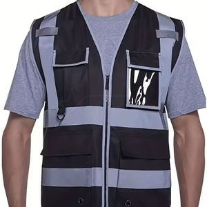 Gilet de sécurité noir et gris pour homme avec bandes réfléchissantes, fermeture éclair, plusieurs poches, respirant, style décontracté - Product Image 4