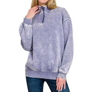 <b>Women's</b> Lavender <b>Quarter</b> <b>Zip</b> Knit Pullover High Neck Loose Fit Cotton Blend Solid Tone Soft Casual Fall Seasonal Sweatsh Front - Product Image 1