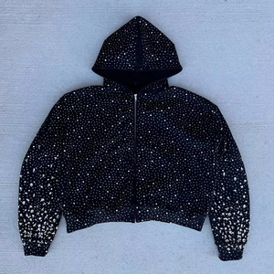 Sweat-shirts à capuche personnalisés avec impression intégrale effet délavé, paillettes et strass, fermeture éclair, coupe classique, service OEM pour l'hiver - Product Image 1