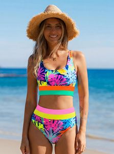 Ensemble bikini femme imprimé floral taille haute push-up deux pièces avec bordure contrastante en Spandex et Polyester à séchage rapide pour la vente en gros - Product Image 4