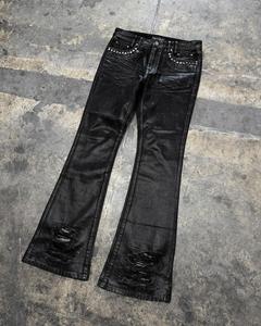 Trendy Custom Designer Skinny Studded Ripped Distress Waxed Bell Bottom <b>Boot</b> Cut Flared Baggy Stacked Denim Jeans <b>Pants</b> for Men - Product Image 2