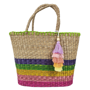 Bolso Tote Casual Rectangular Tejido a Mano de Pasto Marino, Diseño de Rayas Horizontales Coloridas, Borla, Ecológico, Vintage, Gran Oferta - Product Image 1