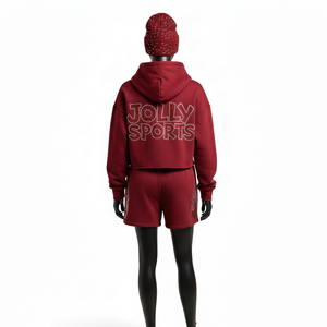 Conjunto de Sudadera con Capucha y Pantalones Cortos para Mujer, de Algodón Cepillado y Forro Polar de Poliéster, Color Granate, con Logotipo de Diamantes de Imitación, Personalizado, 100% Algodón - Product Image 2